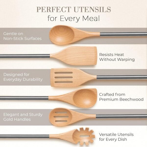 STYLED SETTINGS Wood Cooking Utensils Set with Stainless Steel Handles – 6-PC Durable Wooden Utensils for Cooking, Serving, & Mixing – Kitchen Utensils Set for Nonstick Cookware, Great for Gifting - Image 2