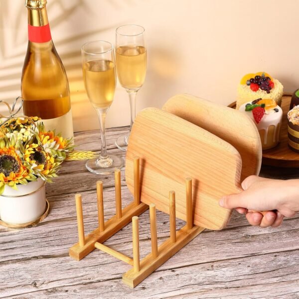 Yinkin 2 Pcs Bamboo Wooden Plate Rack Dish Drying Rack Wood Pot Lid Holder Stand Kitchen Cabinet Organizer for Bowl Cup Cutting Board - Image 4