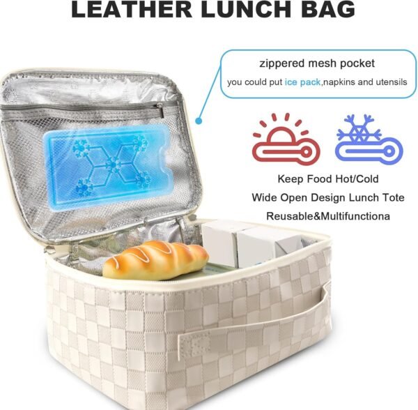 Mziart PU Leather Lunch Bag Lunch Box for Women Men, Reusable Lunch Tote Bags Meal Prep Containers Portable Leakproof Insulated Cooler Bag Food Handbags for Work Office Picnic Beach Travel (White) - Image 3