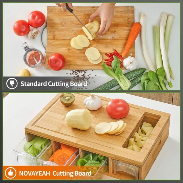 Bamboo Cutting Board with 4 Containers, Large Chopping Board with Juice Grooves, Easy-grip Handles & Food Sliding Opening, Carving Board with Trays for Food Storage, Transport and Cleanup - Image 3