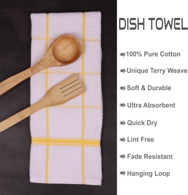 Terry Kitchen Towels Set of 4 White Checks | Dish Towels 16 x 26 Inches | Super Soft and Absorbent |100% Cotton Dish Rags for Drying Dishes | Quick Drying Kitchen Hand Towels | Yellow - Image 2