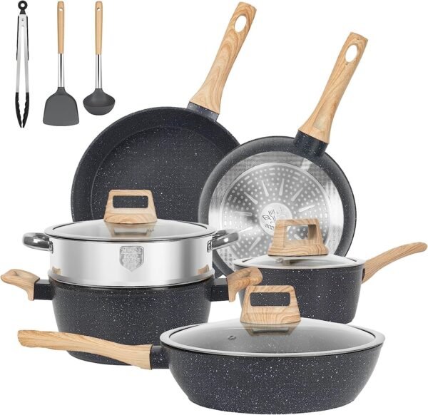 12 Pcs Pots and Pans Set Non Stick Kitchen Cookware Sets Nonstick Induction Cookware Black Granite Cooking Set with Frying Pans, Saucepans, Steamer Silicone Shovel Spoon & Tongs (NO PFOS, PFOA)