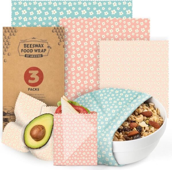 Akeeko Reusable Beeswax Food Wraps - Assorted 3 Packs, Reusable, Plastic-Free Food Storage, 1 Small, 1 Medium, 1 Large Wraps, Pale Pink and Light Blue Pattern