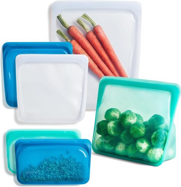 Stasher Premium Silicone Reusable Food Storage Bags, 6-Pack, Ocean | Multi-Use Food Storage Bags, Lunch Bag, Travel Containers | BPA Free, Leak-free, Dishwasher-Safe, Eco-friendly