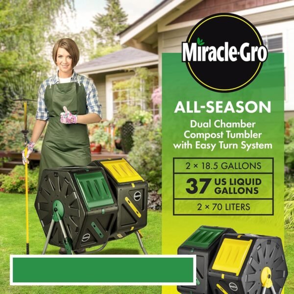 Miracle-Gro Dual Chamber Compost Tumbler – Easy-Turn, Heavy-Duty Outdoor Bin Composter with 2 Sliding Doors (2x18.5 Gal/70L - Image 2