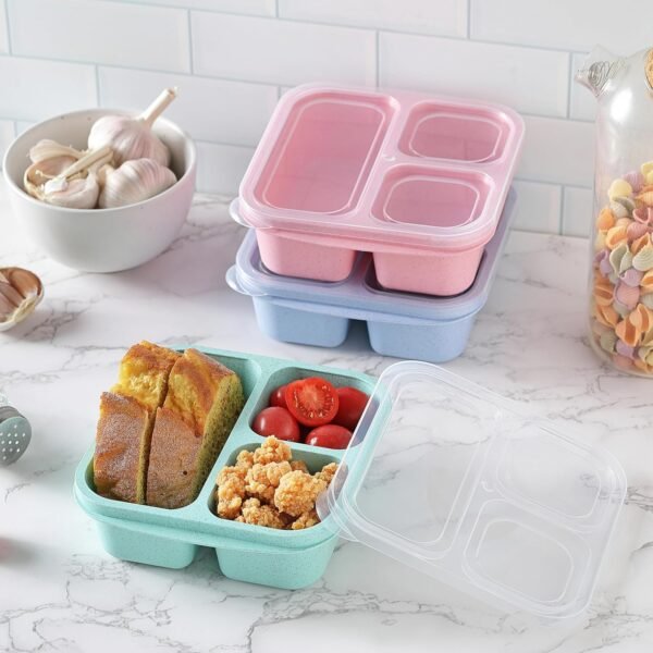 3PCS Snack Containers, Stackable Snack Box Container with 3 Compartments, Lunch Containers & Bento Box for Kids and Adults (3Pack, 3Colors) - Image 5