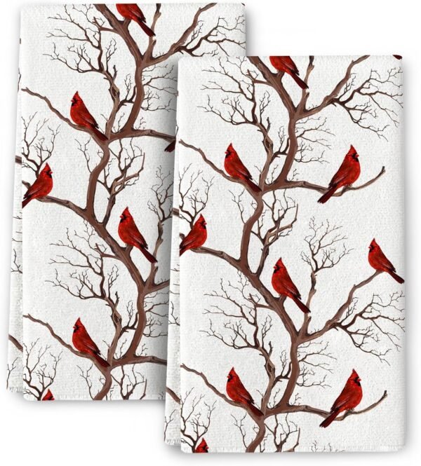 Winter Birds Cardinal Christmas Decor Kitchen Dish Towels Set of 2, Ultra Soft Absorbent Tea Towels Hand Drying Baking Cooking Cloth for Kitchen Decor