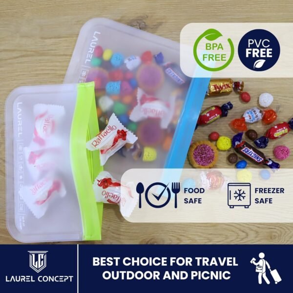 LAUREL Reusable Freezer Silicone Food Storage Bags -24 Pack+2 Gift, PEVA Silicone Bags for Food Storage, Reusable Plastic Free Ziplock Bags (8 Gallon Freezer Bags + 8 Sandwich Bags + 8 Snack Bags) - Image 3