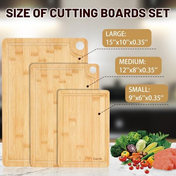 Bamboo Cutting Board Set, Bamboo Cutting Boards for Kitchen in 3 Sizes, Cutting Boards with Deep Juice Grooves & Hanging Holes, Bamboo Cutting Board Set Ideal Chopping for Meat, Vegetables and Fruits - Image 2