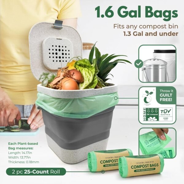 Compostable Trash Bags & Charcoal Filters for Compost Bucket Value Pack for Clean & Odorless Composting - 50 Pcs Compostable Trash Bags Small 1.6 Gal & 3 Pcs Compost Bin Filters Charcoal 3.5" - Image 3
