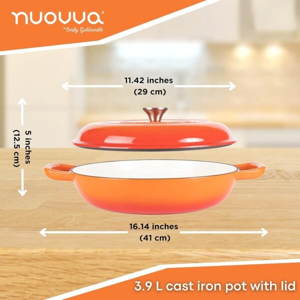 Cast Iron Dutch Oven with Lid – Non Stick Shallow Dutch Oven Pot, Oven Safe up to 500° F – Sturdy Cooking Pot – Enamelled Stockpot Cookware – Orange, 3.7-Quart, 30cm – by Nuovva - Image 2
