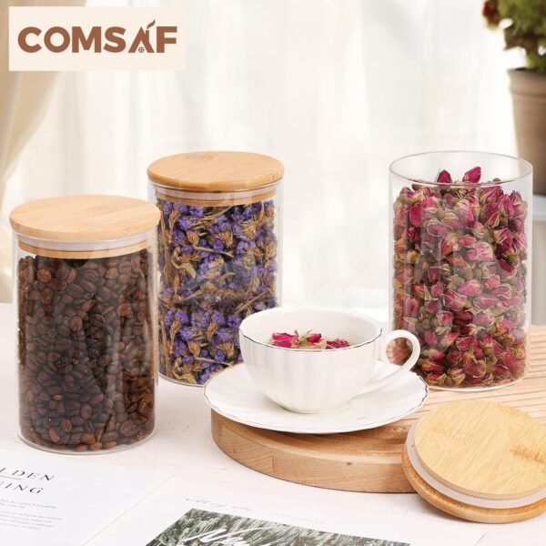 ComSaf 32oz Glass Storage Containers with Lids, Glass Jars with Lids, Clear Food Storage Jar, Round Glass Canister Set of 6, Pantry Organizers and Storage for Cookie Pasta Flour Rice Tea Coffee Bean - Image 4