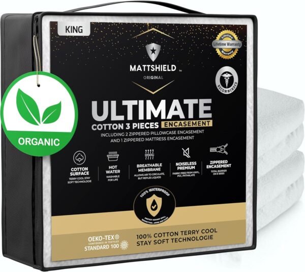 MATTSHIELD Ultimate 3-Piece Kit - Bed Bug-Proof Mattress Cover King + 2 Pillow Protectors - Organic Cotton Terry Top - 6 Sided Waterproof Mattress Protector Zippered - Breathable & Skin-Friendly