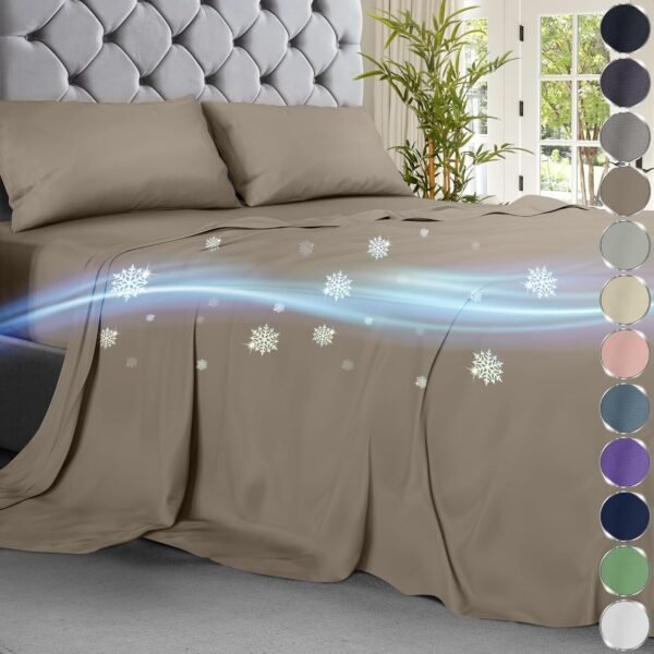 DECOLURE Cooling Sheets Queen Set 4pcs - Luxurious & Ultra-Soft Cooling Bed Sheets Queen Size for Hot Sleepers - Comfortable Bamboo Viscose Microfiber Queen Bed Sheets Set Cooling (Beige)