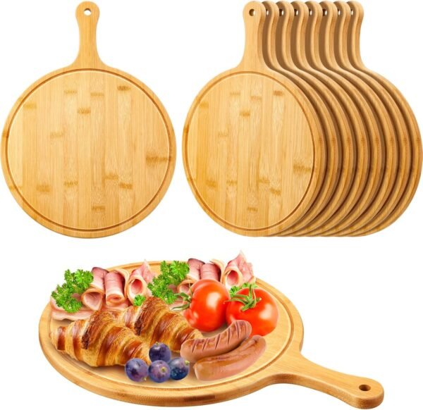Nuenen 10 Pcs Round Wood Cutting Board with Handle Wooden Serving Board Kitchen Chopping Boards for Pizza, Bread, Cheese, Charcuterie, Fruit, Vegetables (Bamboo)