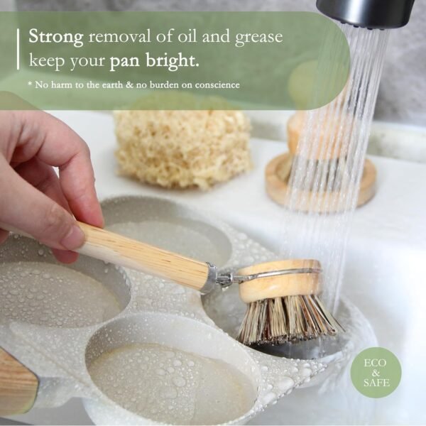 Dish Brush Set with Wooden Handle | Nautral & Bamboo Fibers Plastic Free | Pot Brush Scourer Scrubber ~ 5 Pcs Kitchen Dish Cleaning Tools - Makes Dish Cleaning Easy - Image 3
