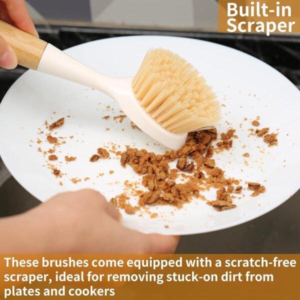 2 Pack Kitchen Dish Brush Bamboo Handle Dish Scrubber Built-in Scraper, Scrub Brush for Pans, Pots, Kitchen Sink Cleaning, Dishwashing and Cleaning Brushes are Perfect Cleaning Tools, White - Image 5