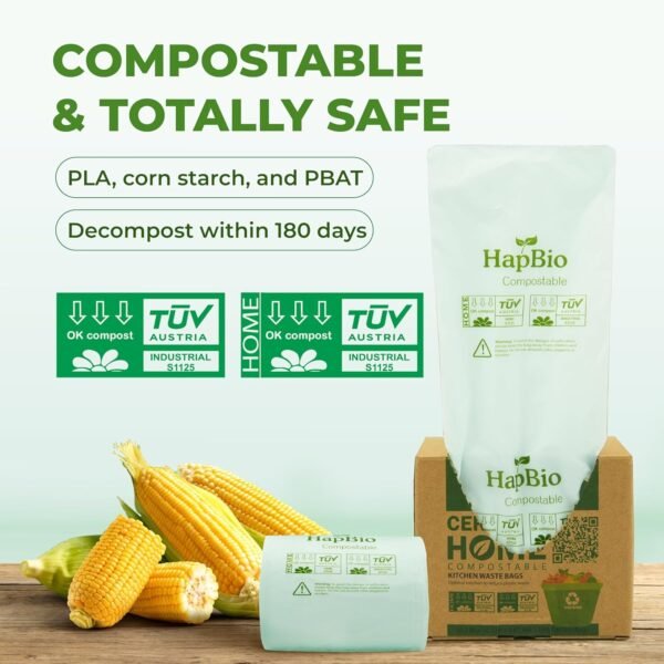HAPBIO Small Compostable Trash Bags 2.6 Gallon, 100 Count/Roll, 0.67 Mils, Pack 1, Unscented, Biodegradable Trash Bags, BPI OK Compost Home, Recycle Food Scrap Waste Bags for Countertop Bin, Kitchen - Image 2