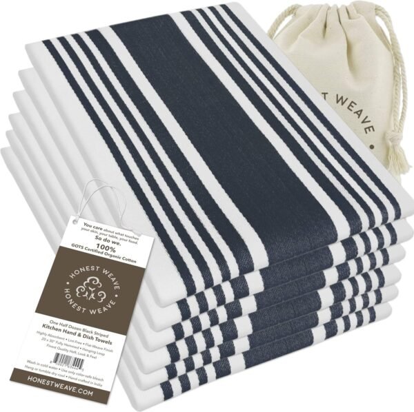 GOTS Certified Organic Cotton Kitchen Hand and Dish Towel Sets - Oversized 20x30 inches, Fully Hemmed, in Designer Colors, 6-Pack, Black Stripe