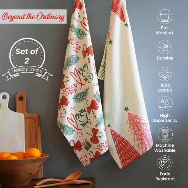 The Fine Living Co. 100% Cotton, Merry Christmas Printed Kitchen Towels, Dish Towels for Drying Dishes, Kitchen Hand Towels, Tea Towels, Dish Towels for Kitchen Set of 2, 18”x28” (Cherry Red & Green) - Image 2