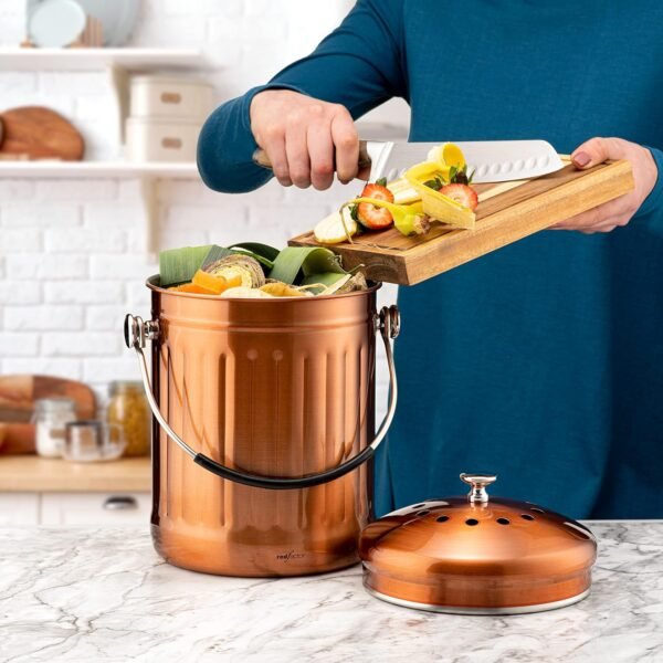 RED FACTOR Premium Compost Bin for Kitchen Countertop - Stainless Steel Food Waste Bucket with Innovative Dual Filter Technology - Includes Spare Filters (Matt Copper, 1.3 Gallon) - Image 2