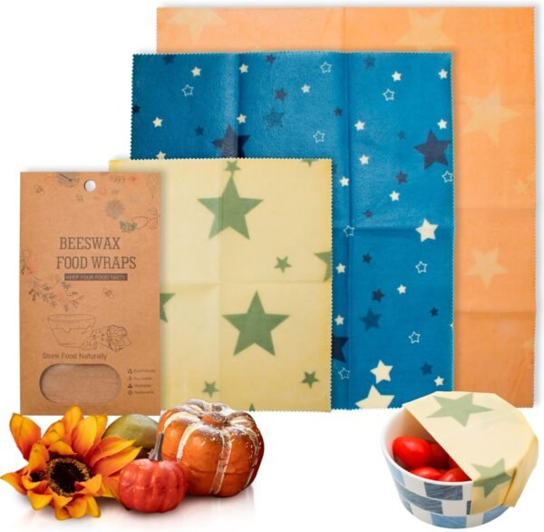 EZGOODZ Beeswax Wraps for Food, S, M, L. Pack of 3 Sustainable Food Storage Containers. Eco Friendly Wax Food Wrap with Stars Print. Washable Reusable Cotton Food Wraps with Honeycomb Pattern