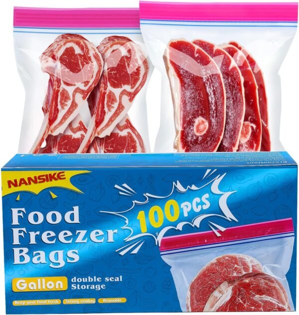 Gallon Size Food Freezer Bags 100 Count, Double Zipper Seal Storage, Reusable Storage Bags for Food Storage, Meat, Vegetables, Fruit - Microwave-Safe(10.43 x 9.84 in) - Image 7