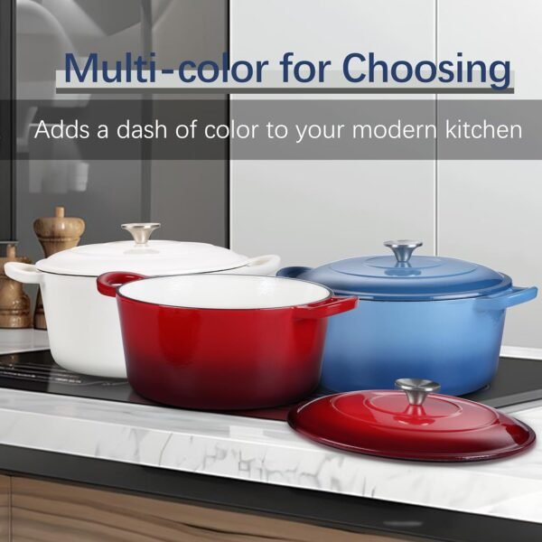 E-far 7QT Enameled Dutch Oven, Cast Iron Dutch Oven Pot with Lid for Cooking/Bread Baking/Braising/Roasting/Stewing, Heavy Duty Round Nonstick Cookware Safe for Induction & Oven - Red - Image 7
