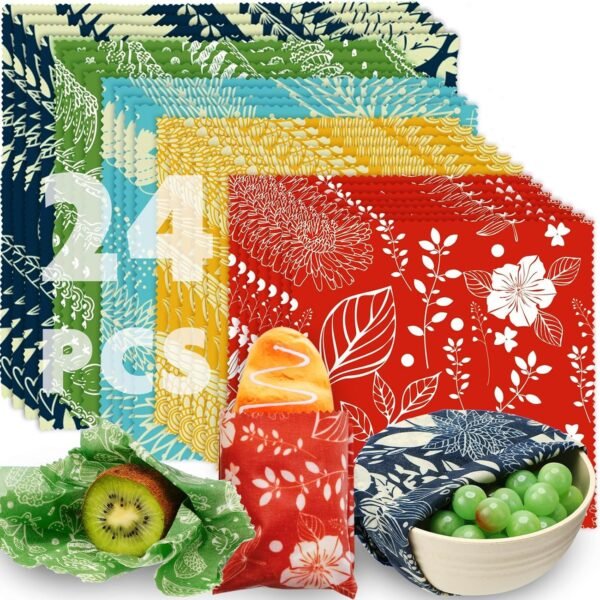 Moukeren 24 Pcs Beeswax Wraps for Food Reusable Beeswax Wrap Beeswax Food Wraps Beeswax Wrap Cloth with Flowers Leaves Patterns for Kitchen Cooking Sandwich Food Storage, 12S, 8M, 4L