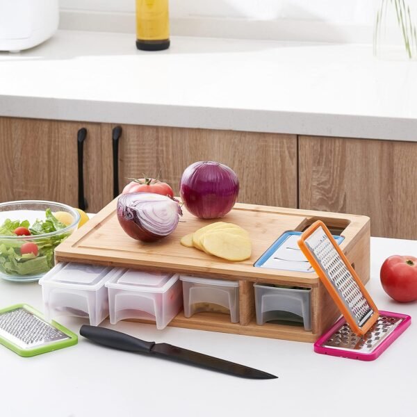 Bamboo Cutting Board with Containers, Lids, and Graters, Large Wood Cutting Board with Containers, Food Dropping Zone, Carving Board with Easy-grip Handle, Juice Groove - Image 8