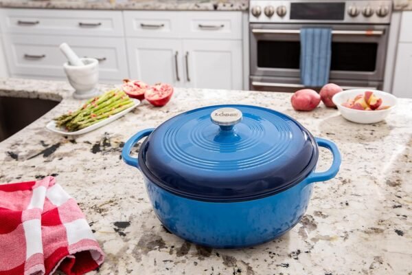 Lodge 7.5 Quart Enameled Cast Iron Dutch Oven with Lid – Dual Handles – Oven Safe up to 500° F or on Stovetop - Use to Marinate, Cook, Bake, Refrigerate and Serve – Caribbean Blue - Image 5