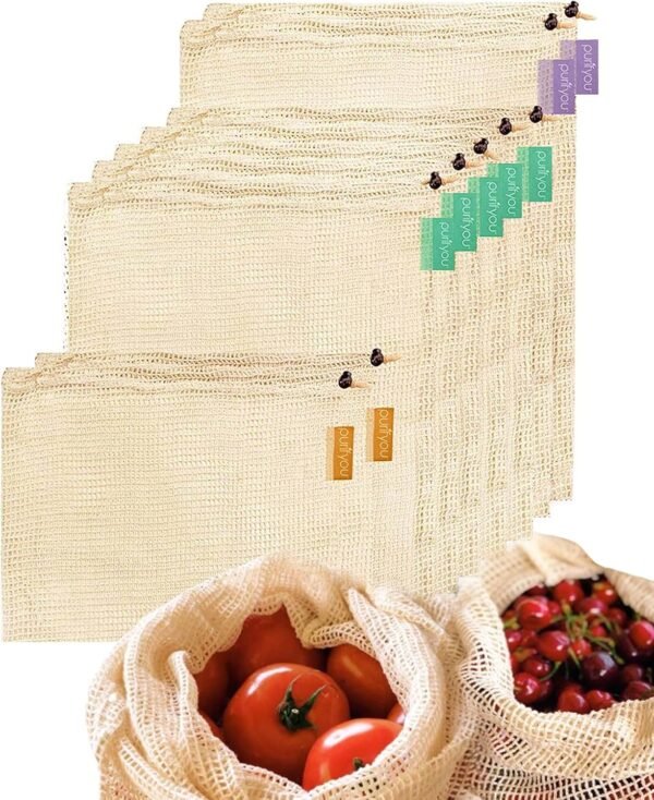 purifyou Premium Organic Cotton Storage Produce Bags - (Set of 9) 2x Extra Large, 5x Large, 2x Small Reusable Mesh Produce Bags, Raw & Unbleached, for Vegetable, Fruit, Food, Snack, Storage