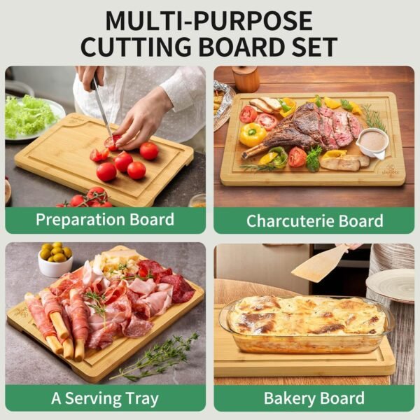 Bamboo Cutting Board Set for Kitchen - Cutting Board Set of 3 with Groove and Cutting Board Rack, Easy to Clean, Ideal for Bamboo Chopping Board Set for White Elephant Gift, House Warming Gift - Image 6
