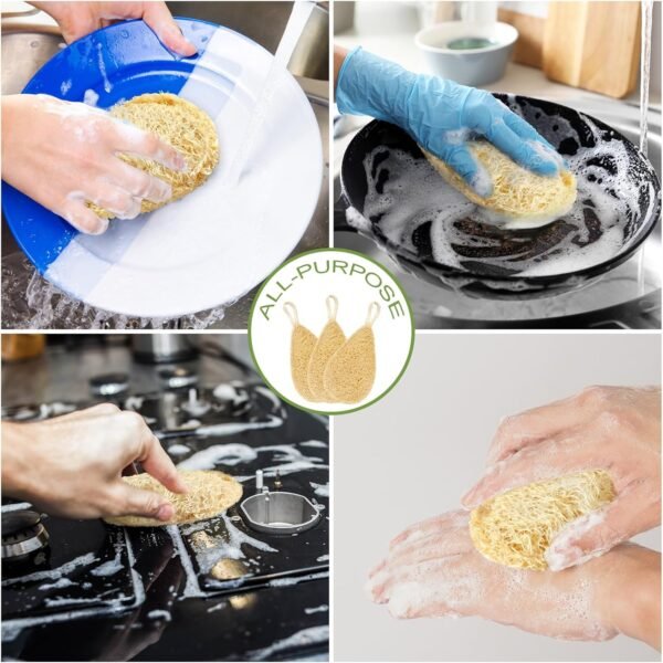 Natural Loofah Dish Sponge Pack 3 Kitchen Scrub Sponges Biodegradable Eco Friendly Sponges for Cleaning Kitchen, Bathroom, Household, Non Scratch, Compostable - Water Shape - Image 4