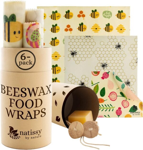 Reusable Beeswax Wraps for Food, Set of 6 Organic Wax Wraps for Food Reusable; Reusable Beeswax Paper Food Wrap; Reusable Wax Food Wrap for Bread, Sandwich; Bees Wax Paper for Covering Food Bowls