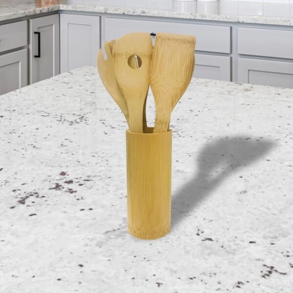 6 Pcs Bamboo Wooden Spoon and Spatula Utensils Set with Holder for Cooking and Kitchen use - Image 7