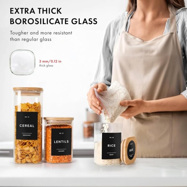 Square Glass Storage Containers with Bamboo Lids 12-Pack (4x 33.8 oz, 8x 20.2 oz) Airtight Storage Jars with Lids for Food, Stackable Kitchen Canisters with 114 Labels for Pantry [Thicker Glass 3mm] - Image 5
