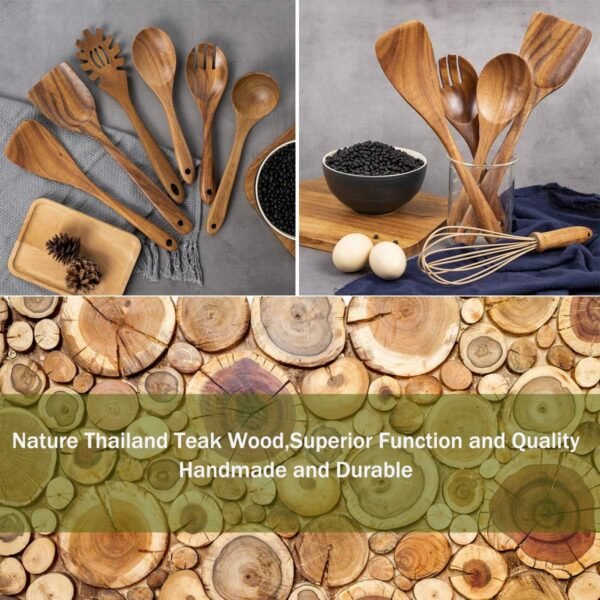 10 Pack Wooden Spoons for Cooking, Teak Wood Kitchen Utensils Set for Non Stick Use, Spatula Set for Stirring, Baking, Non Stick Wooden Utensils for Kitchen - Image 3