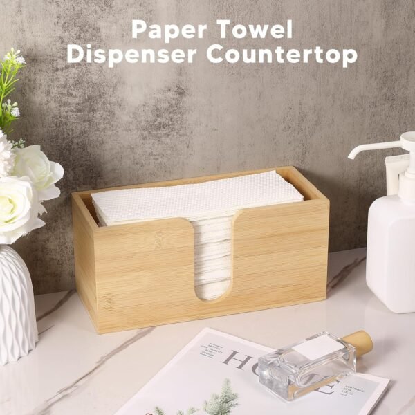 2Pack Bamboo Countertop Paper Towel Dispenser, Folded Paper Towel Dispenser Clear Trifold Napkin Holder, Suitable for Z-fold, C-fold or MultiFold Trifold Paper Towels for Bathroom Toilet and Kitchen - Image 3