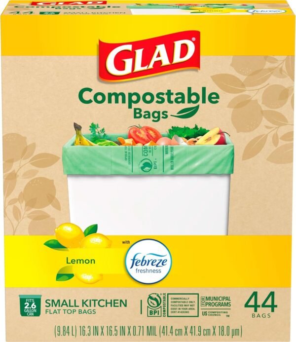 Glad Trash Bags, Kitchen Compost Bags 2.6 Gallon Garbage Bags, 100% Compostable Bag, Febreze Lemon, 44 Count (Package May Vary), Light Yellow