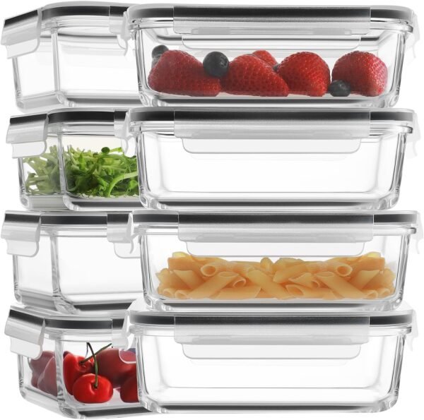 HOMBERKING 8 Pack Glass Meal Prep Containers, 36oz Glass Food Storage Containers with Lids, Airtight Glass Lunch Bento Boxes, BPA-Free & Leak Proof (8 lids & 8 Containers) - Black