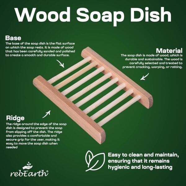 rebEarth Wood Soap Bar Dish Holder Handcrafted Stylish Square Tray | Self Draining | Keep Soap Dry | Shower Toilet Bathroom Kitchen Accessories Supplies| Container | Plastic Free | Reduce Waste 1 pack - Image 2
