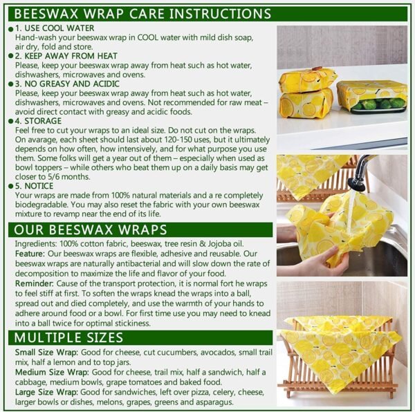 Organic Beeswax Wraps | Reusable, Eco-Friendly Food, Sandwich, Snack Wrap | Plastic Free | Premium Set of 6, 1 Large, 1 Medium, 1 Small Wrap, Button, Tie and Refresh Wax for Longer Usage - Image 8