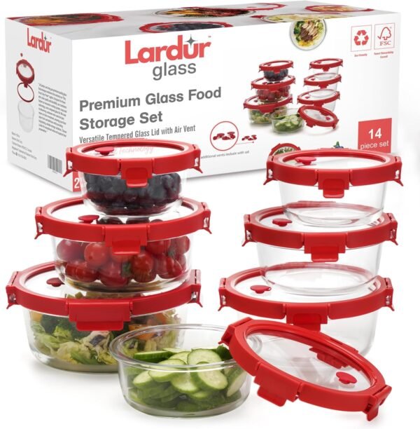 Premium Glass Food Storage Containers with Vented Lids Set of 7 - Various Sizes Round Borosilicate Glass Meal Prep Containers in Gift Packaging - Microwave Oven, Dishwasher & Freezer Safe, BPA Free