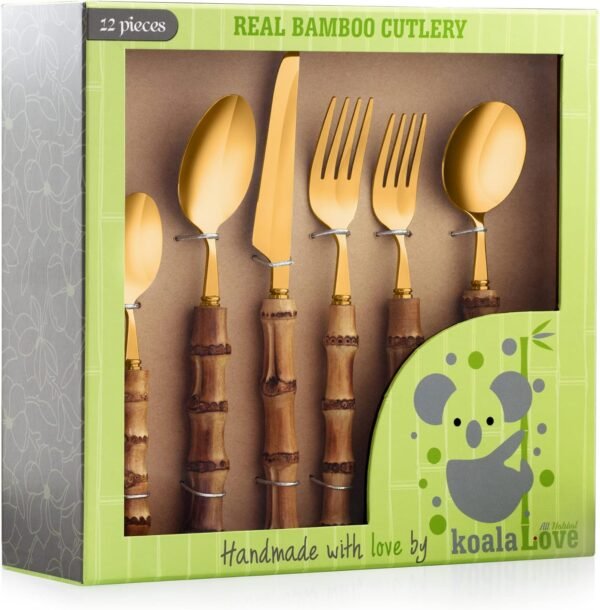 Bamboo Silverware Set Natural Bamboo Flatware Set Hand Crafted Bamboo Cutlery Utensils, Handmade With Love By KoalaLove! (4 Sets, 24 Cutlery Pieces, Gold)