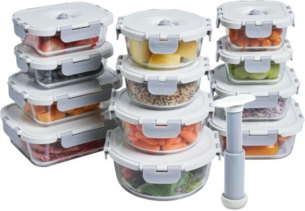 FineDine Vacuum Seal Glass Food Storage Containers With Hand Pump, 25 Piece Set, Airtight Pantry Kitchen Storage Containers w/Lids, Meal Prep Containers for Lunch, Leftovers