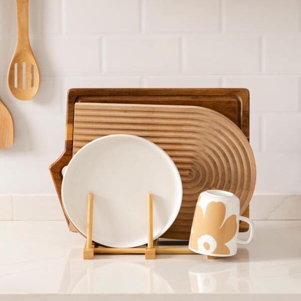 HBlife Bamboo Cutting Board Organizer, Wooden Cutting Board Holder Rack Baking Cookie Pan Sheets Racks Storage Stand for Kitchen Cabinet Countertop Bakeware Organizer (Bamboo 5 Slots 2pcs) - Image 8