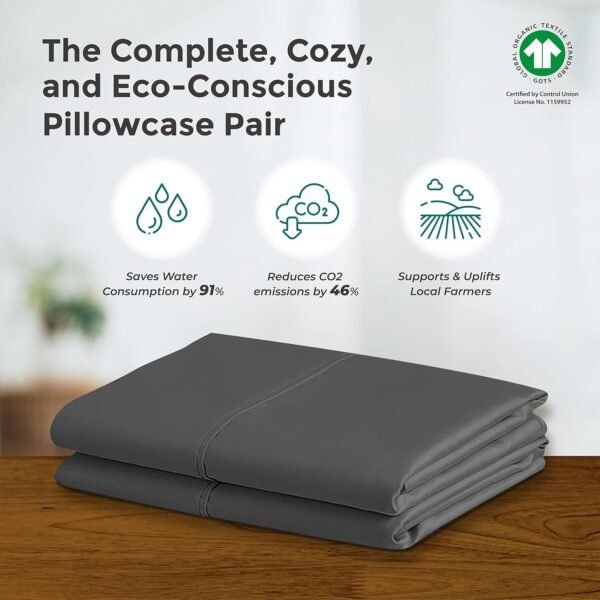 THREAD SPREAD 100% Organic Cotton Pillowcases - Soft and Crisp, Cooling Percale Weave, Breathable Pillow Covers, Set of 2 (King Size, Dark Gray) - Image 5