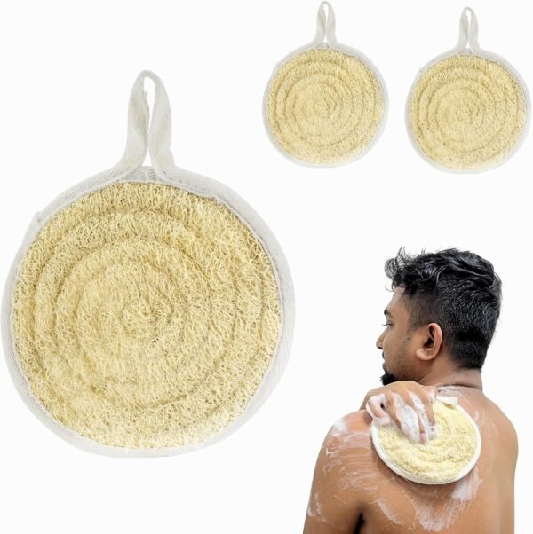 Natural Loofah Sponge Shower Round 6.3 Inch, Natural Loofah Exfoliating Body Scrubber, Shower Loofah for Back and Face Skin, Back Scrubber for Men Wowen Adults Back Face Skin SPA Care - 2 Pieces