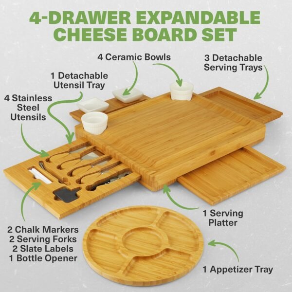 Dynamic Gear Charcuterie Boards with Drawers - Expandable Bamboo Cheese Board Set with Stainless Steel Utensils, Ceramic Bowls, Serving Trays, Utensil Drawer, and Appetizer Tray - 4 Hidden Drawers - Image 2